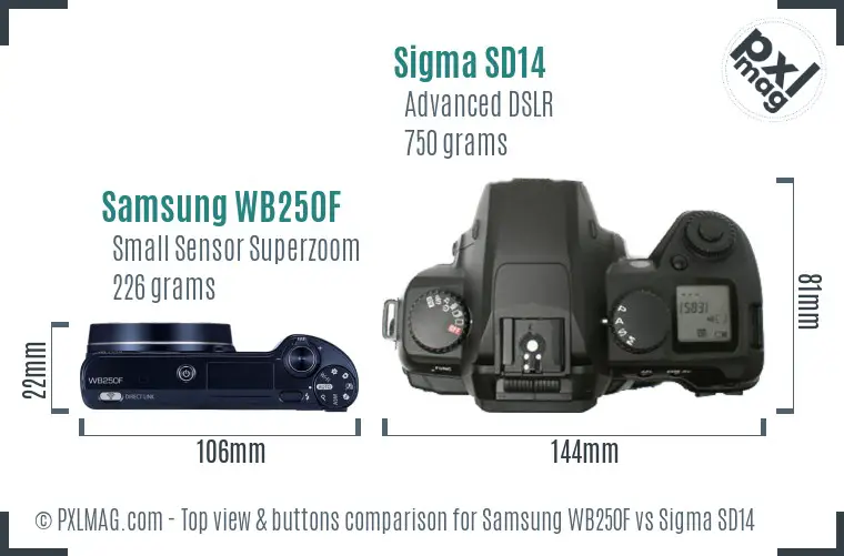 Samsung WB250F vs Sigma SD14 top view buttons comparison