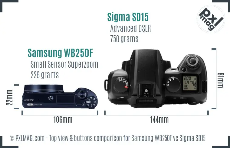 Samsung WB250F vs Sigma SD15 top view buttons comparison