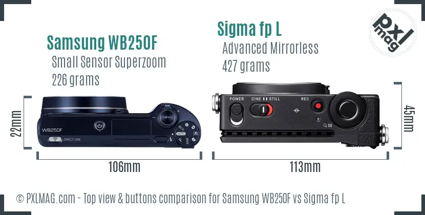 Samsung WB250F vs Sigma fp L top view buttons comparison