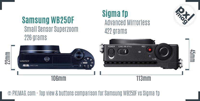 Samsung WB250F vs Sigma fp top view buttons comparison