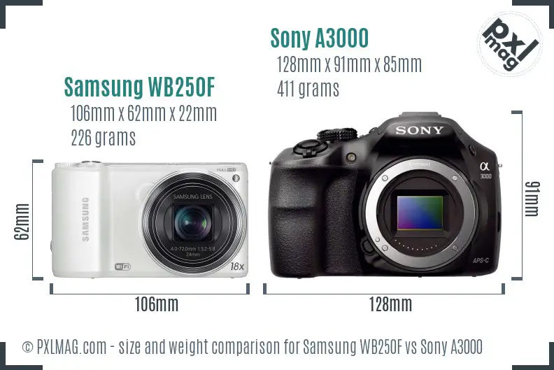 Samsung WB250F vs Sony A3000 size comparison