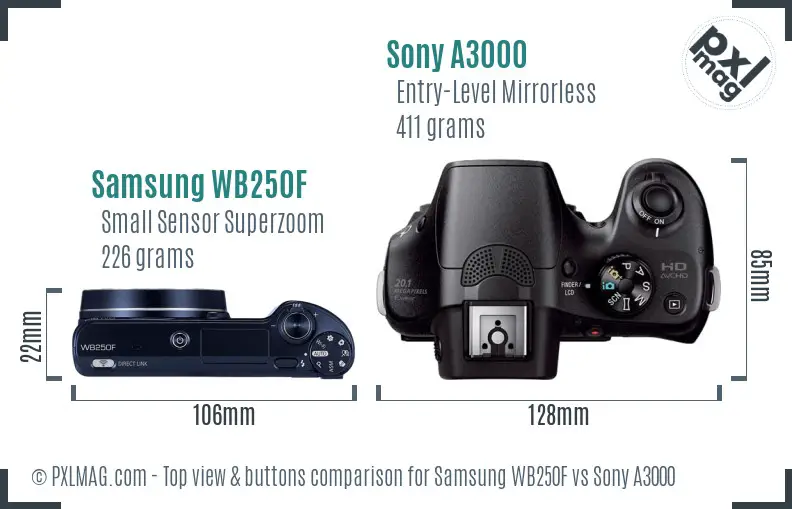 Samsung WB250F vs Sony A3000 top view buttons comparison