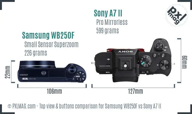 Samsung WB250F vs Sony A7 II top view buttons comparison
