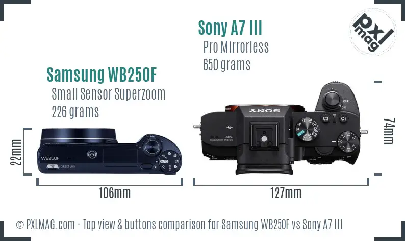 Samsung WB250F vs Sony A7 III top view buttons comparison