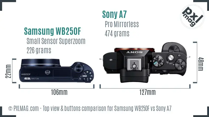 Samsung WB250F vs Sony A7 top view buttons comparison