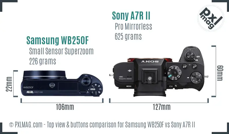 Samsung WB250F vs Sony A7R II top view buttons comparison