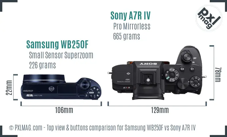 Samsung WB250F vs Sony A7R IV top view buttons comparison