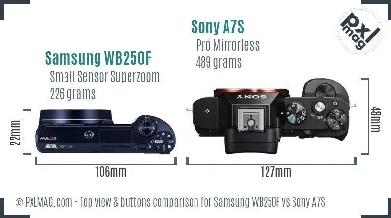 Samsung WB250F vs Sony A7S top view buttons comparison