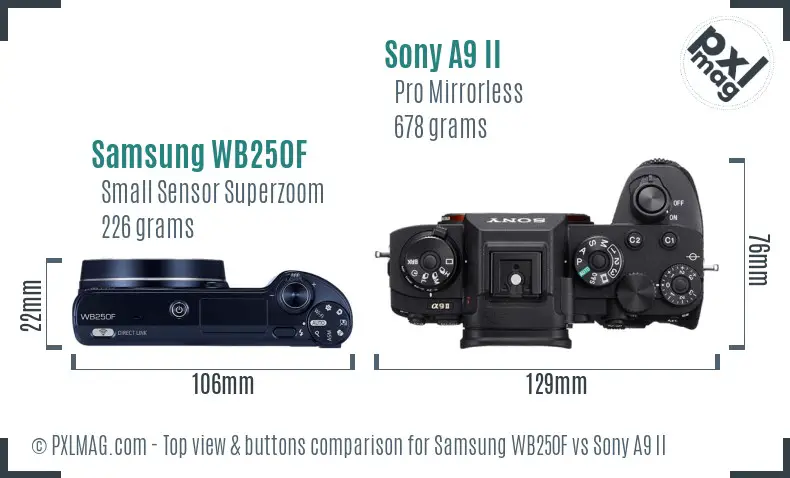 Samsung WB250F vs Sony A9 II top view buttons comparison Samsung WB250F vs Sony A9 II top view buttons comparison