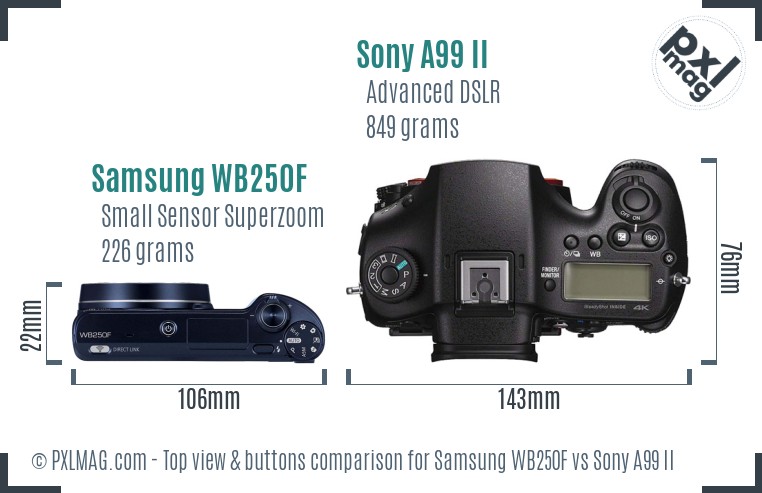 Samsung WB250F vs Sony A99 II top view buttons comparison