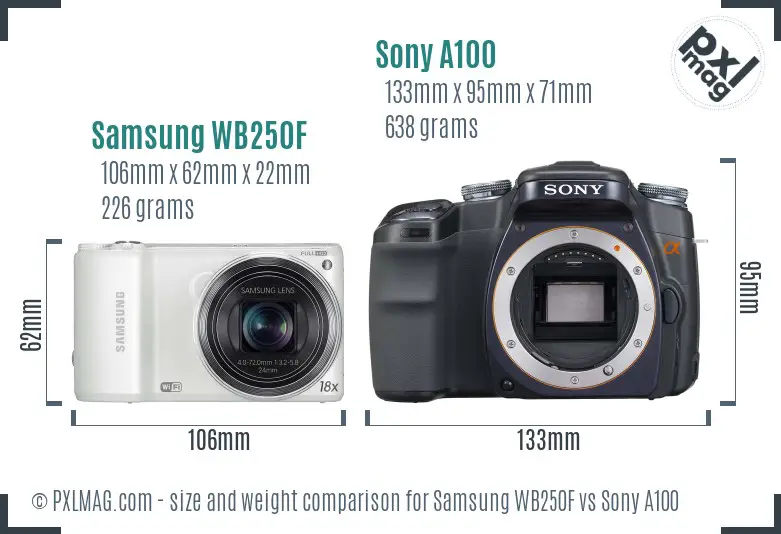 Samsung WB250F vs Sony A100 size comparison