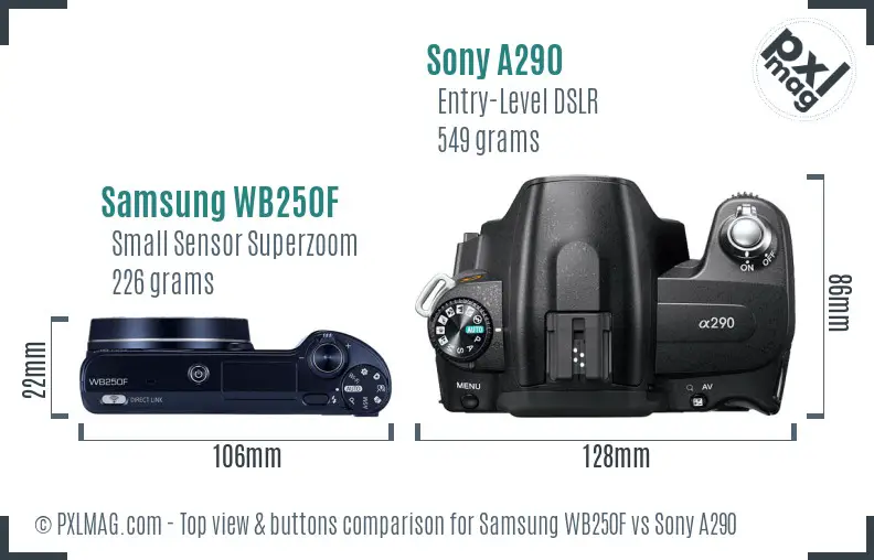 Samsung WB250F vs Sony A290 top view buttons comparison