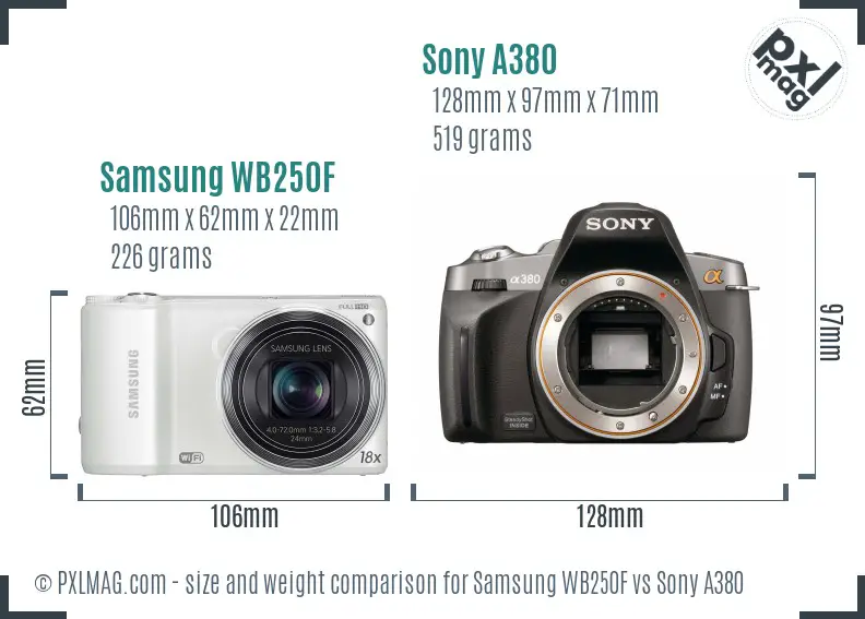 Samsung WB250F vs Sony A380 size comparison