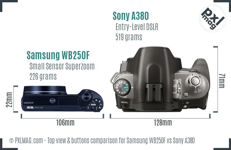 Samsung WB250F vs Sony A380 top view buttons comparison