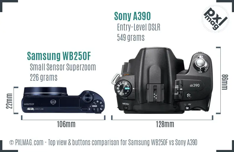 Samsung WB250F vs Sony A390 top view buttons comparison Samsung WB250F vs Sony A390 top view buttons comparison
