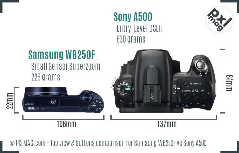 Samsung WB250F vs Sony A500 top view buttons comparison