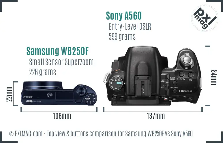 Samsung WB250F vs Sony A560 top view buttons comparison