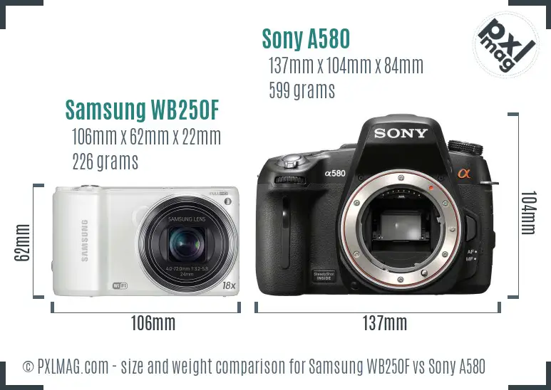 Samsung WB250F vs Sony A580 size comparison