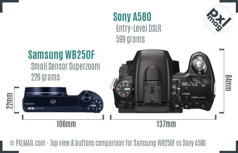 Samsung WB250F vs Sony A580 top view buttons comparison