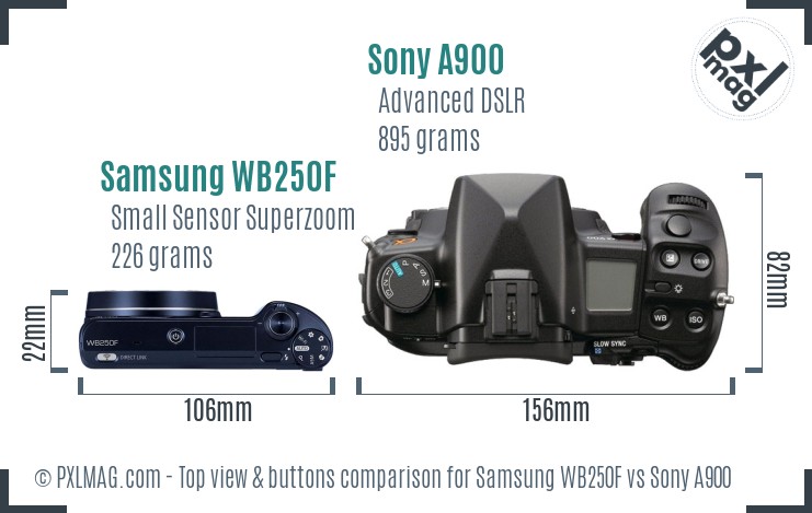 Samsung WB250F vs Sony A900 top view buttons comparison