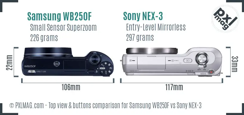 Samsung WB250F vs Sony NEX-3 top view buttons comparison
