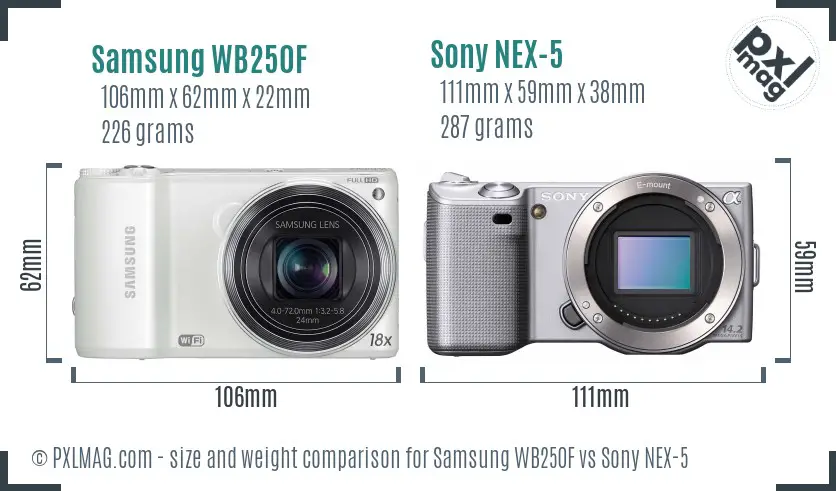 Samsung WB250F vs Sony NEX-5 size comparison
