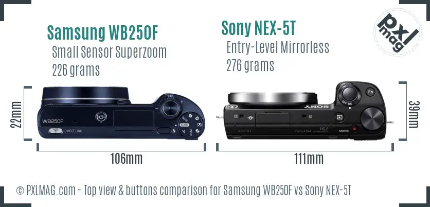 Samsung WB250F vs Sony NEX-5T top view buttons comparison Samsung WB250F vs Sony NEX-5T top view buttons comparison