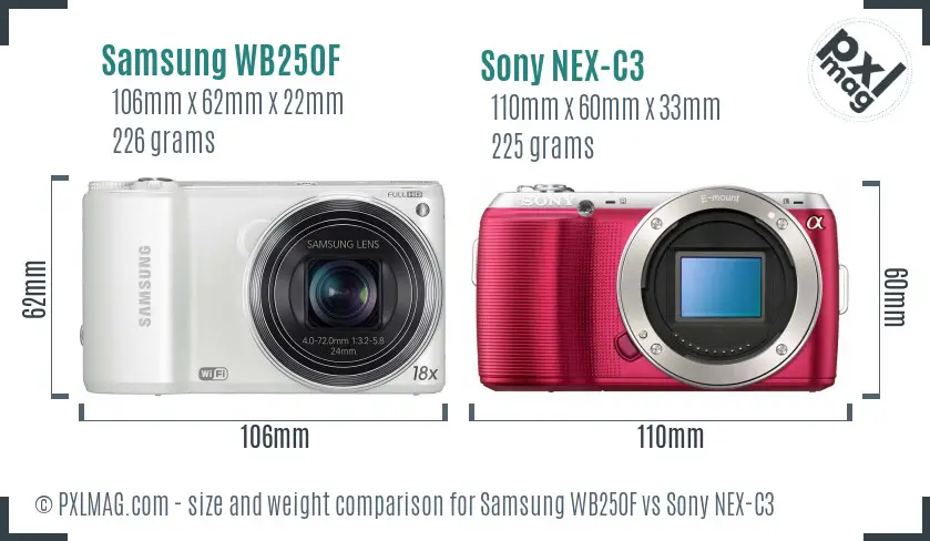 Samsung WB250F vs Sony NEX-C3 size comparison