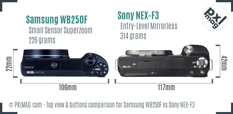 Samsung WB250F vs Sony NEX-F3 top view buttons comparison Samsung WB250F vs Sony NEX-F3 top view buttons comparison
