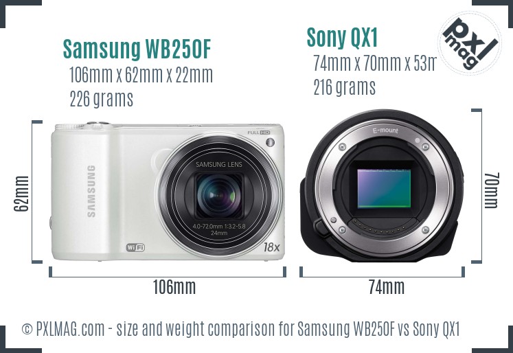 Samsung WB250F vs Sony QX1 size comparison Samsung WB250F vs Sony QX1 size comparison