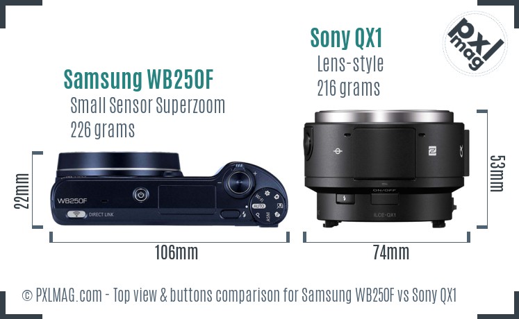 Samsung WB250F vs Sony QX1 top view buttons comparison
