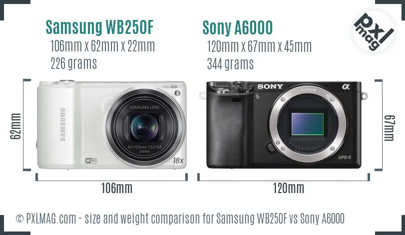 Samsung WB250F vs Sony A6000 size comparison