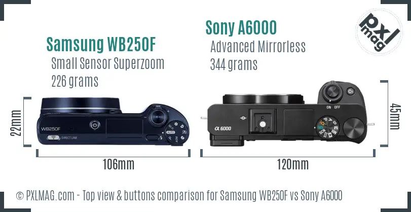 Samsung WB250F vs Sony A6000 top view buttons comparison