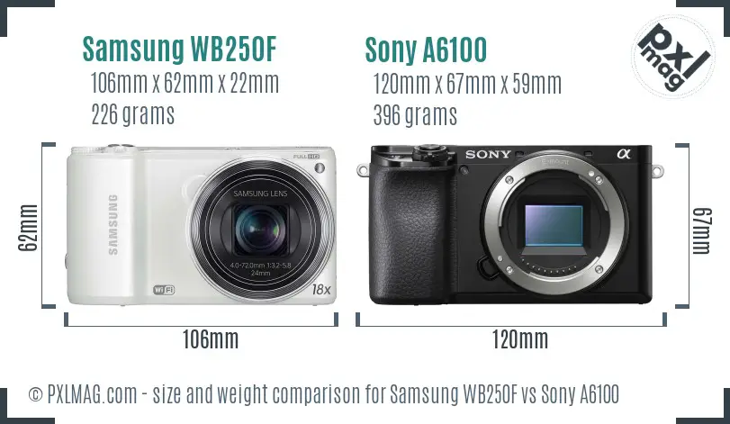 Samsung WB250F vs Sony A6100 size comparison