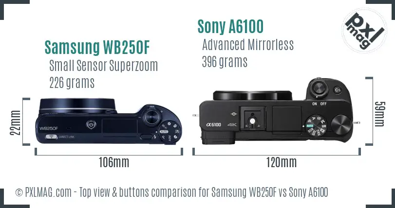 Samsung WB250F vs Sony A6100 top view buttons comparison
