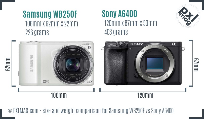 Samsung WB250F vs Sony A6400 size comparison Samsung WB250F vs Sony A6400 size comparison