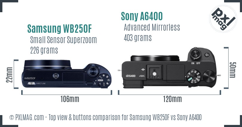 Samsung WB250F vs Sony A6400 top view buttons comparison