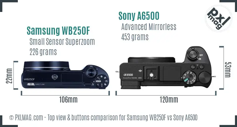 Samsung WB250F vs Sony A6500 top view buttons comparison Samsung WB250F vs Sony A6500 top view buttons comparison