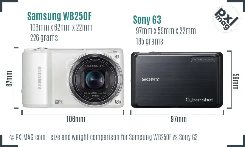 Samsung WB250F vs Sony G3 size comparison