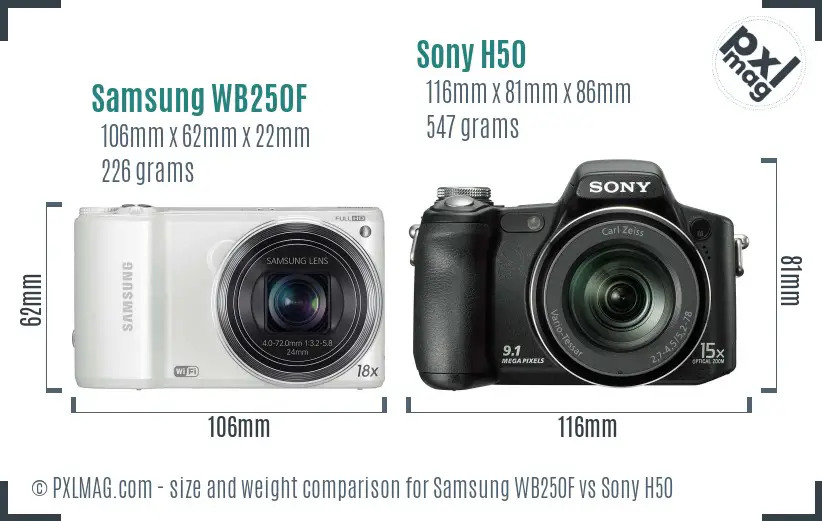 Samsung WB250F vs Sony H50 size comparison