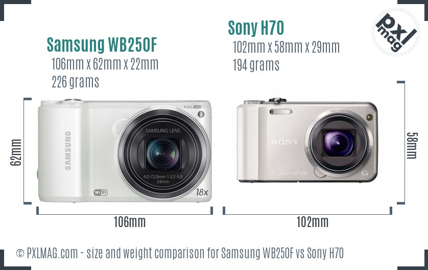 Samsung WB250F vs Sony H70 size comparison