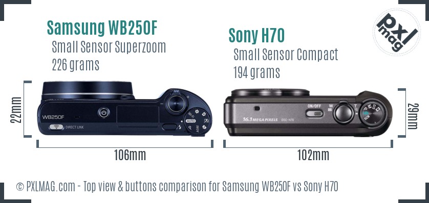Samsung WB250F vs Sony H70 top view buttons comparison