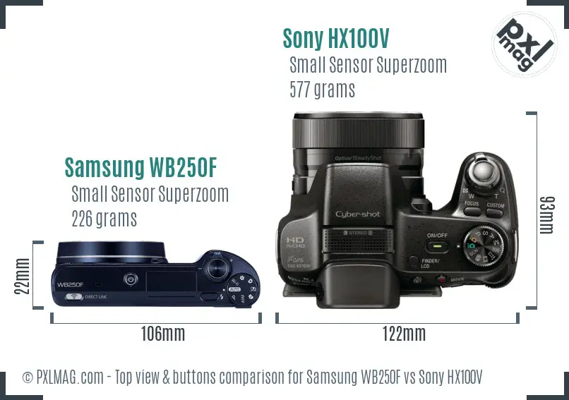 Samsung WB250F vs Sony HX100V top view buttons comparison