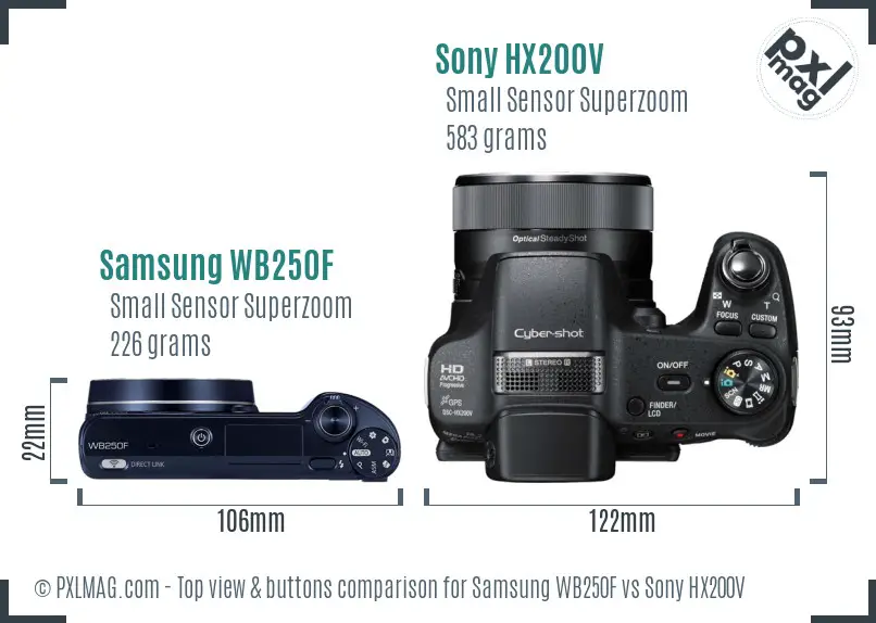 Samsung WB250F vs Sony HX200V top view buttons comparison