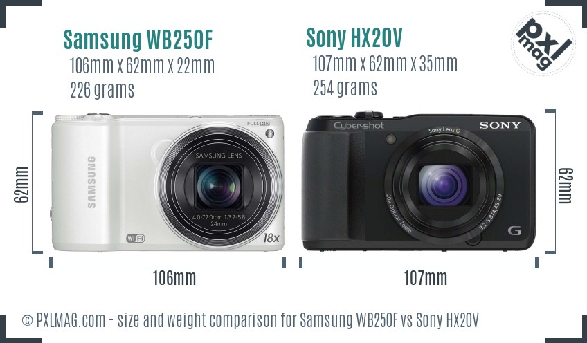 Samsung WB250F vs Sony HX20V size comparison