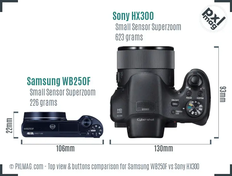Samsung WB250F vs Sony HX300 top view buttons comparison Samsung WB250F vs Sony HX300 top view buttons comparison