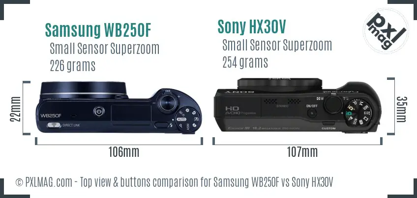Samsung WB250F vs Sony HX30V top view buttons comparison