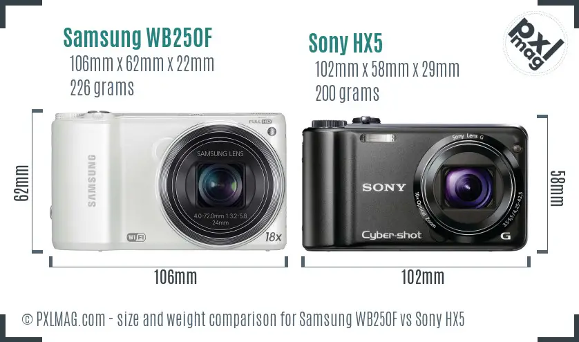 Samsung WB250F vs Sony HX5 size comparison