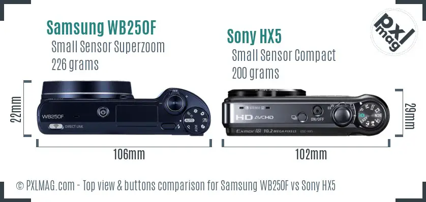 Samsung WB250F vs Sony HX5 top view buttons comparison