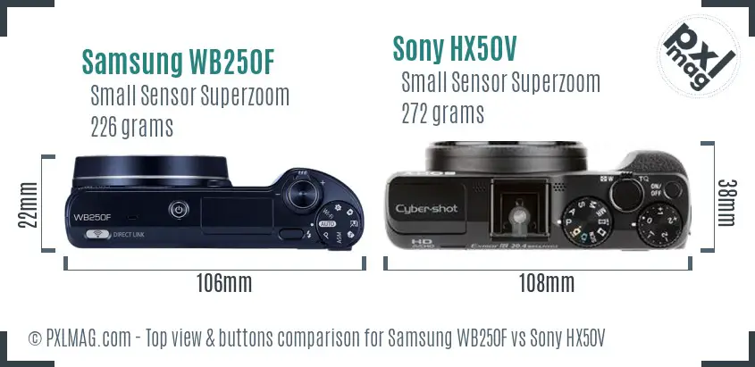 Samsung WB250F vs Sony HX50V top view buttons comparison